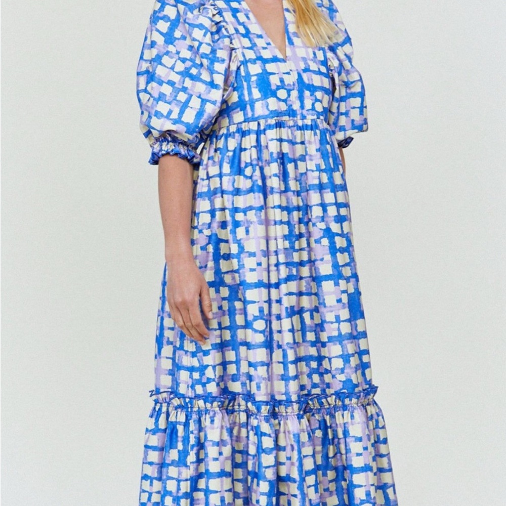 HUNTER BELL Blue and White Ruffled Wrap Midi Dress